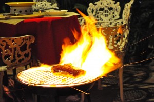 flaming steak, steak on fire, grilled steak