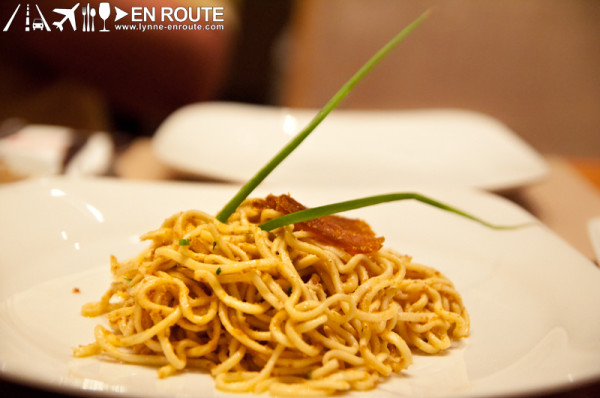 Taglierini leggermente piccanti alla bottarga e erba cipollina(Fresh taglierini pasta in lightly spiced mullet  bottarga butter and spring onion)